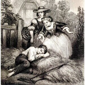 The Little Tease Prank Engraving 1859 Victorian Farm Life Children Art DWY5E